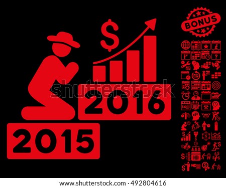 Pray for Money 2016 icon with bonus calendar and time management pictograph collection. Vector illustration style is flat iconic symbols, red color, black background.