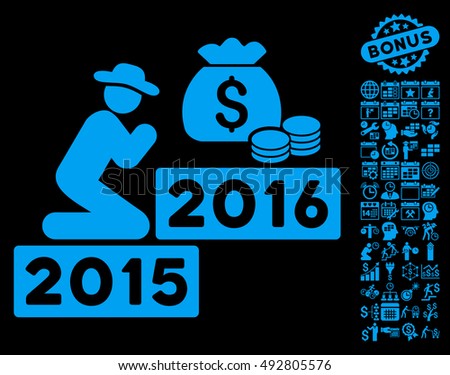 Pray for Money 2016 pictograph with bonus calendar and time management pictogram. Vector illustration style is flat iconic symbols, blue color, black background.