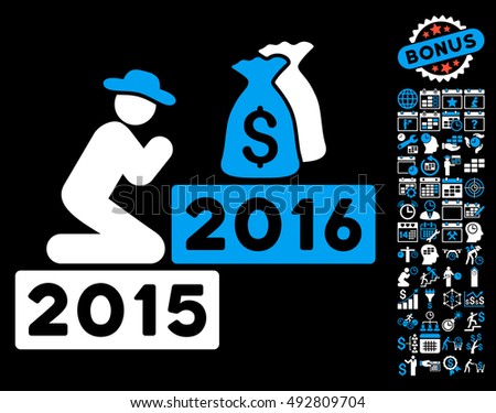 Pray for Money 2016 icon with bonus calendar and time management pictograph collection. Vector illustration style is flat iconic bicolor symbols, blue and white colors, black background.