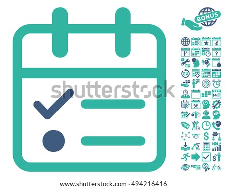 Day Tasklist icon with bonus calendar and time management icon set. Vector illustration style is flat iconic bicolor symbols, cobalt and cyan colors, white background.