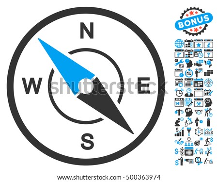 Compass icon with bonus calendar and time management pictograph collection. Vector illustration style is flat iconic symbols, blue and gray colors, white background.