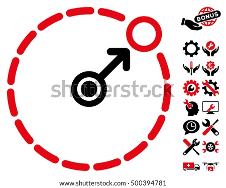 Round Area Border pictograph with bonus settings pictograms. Vector illustration style is flat iconic symbols, intensive red and black colors, white background.