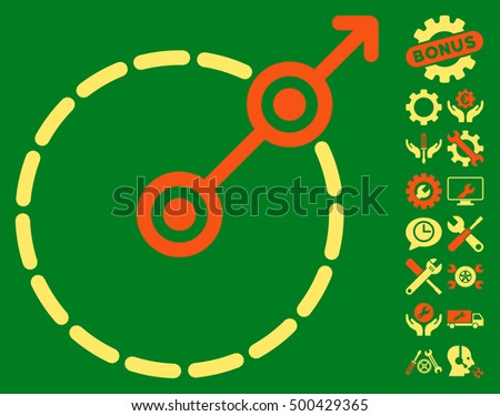 Round Area Exit icon with bonus settings pictures. Vector illustration style is flat iconic symbols, orange and yellow colors, green background.