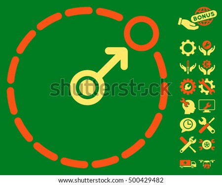 Round Area Border pictograph with bonus tools pictograms. Vector illustration style is flat iconic symbols, orange and yellow colors, green background.