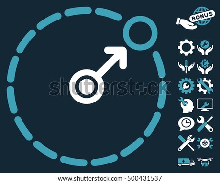 Round Area Border icon with bonus options icon set. Vector illustration style is flat iconic symbols, blue and white colors, dark blue background.