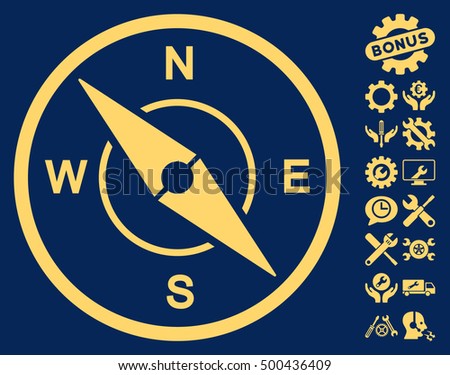 Compass pictograph with bonus service pictograms. Vector illustration style is flat iconic symbols, yellow color, blue background.