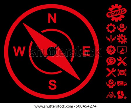 Compass pictograph with bonus options icon set. Vector illustration style is flat iconic symbols, red color, black background.