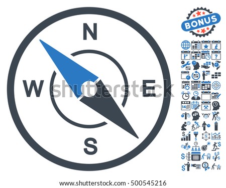 Compass pictograph with bonus calendar and time service pictograms. Vector illustration style is flat iconic symbols, smooth blue colors, white background.