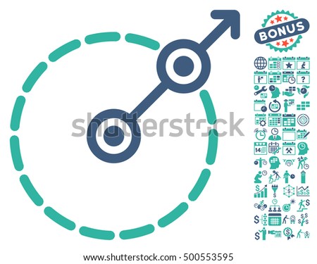 Round Area Exit pictograph with bonus calendar and time service images. Vector illustration style is flat iconic symbols, cobalt and cyan colors, white background.