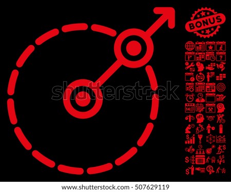 Round Area Exit icon with bonus calendar and time management clip art. Vector illustration style is flat iconic symbols, red color, black background.