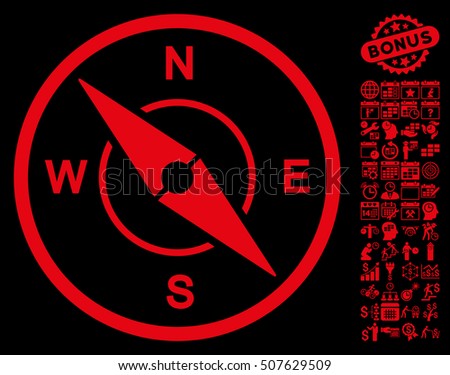 Compass pictograph with bonus calendar and time service clip art. Vector illustration style is flat iconic symbols, red color, black background.