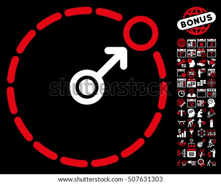 Round Area Border icon with bonus calendar and time management clip art. Vector illustration style is flat iconic symbols, red and white colors, black background.