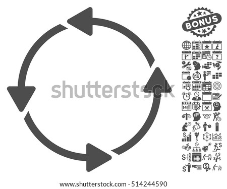 Rotation CCW pictograph with bonus calendar and time service symbols. Vector illustration style is flat iconic symbols, gray color, white background.