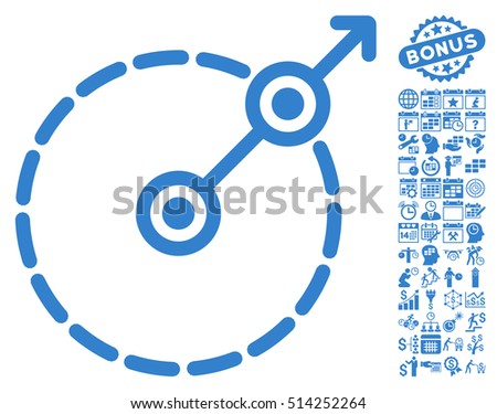 Round Area Exit icon with bonus calendar and time management images. Vector illustration style is flat iconic symbols, cobalt color, white background.