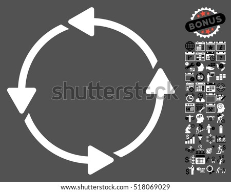 Rotation CCW pictograph with bonus calendar and time management symbols. Vector illustration style is flat iconic symbols, black and white colors, gray background.