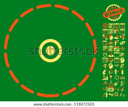 Round Area icon with bonus calendar and time management pictures. Vector illustration style is flat iconic symbols, orange and yellow colors, green background.