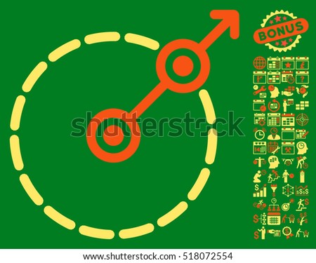 Round Area Exit icon with bonus calendar and time management design elements. Vector illustration style is flat iconic symbols, orange and yellow colors, green background.