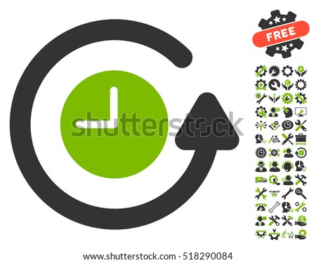 Restore Clock icon with bonus service pictograms. Vector illustration style is flat iconic eco green and gray symbols on white background.