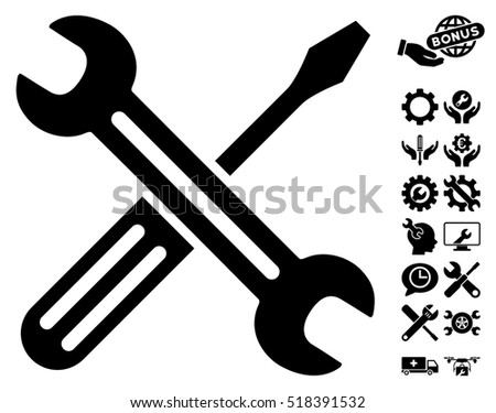 Spanner and Screwdriver icon with bonus setup tools images. Vector illustration style is flat iconic black symbols on white background.