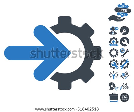 Gear Integration icon with bonus setup tools pictograms. Vector illustration style is flat iconic smooth blue symbols on white background.