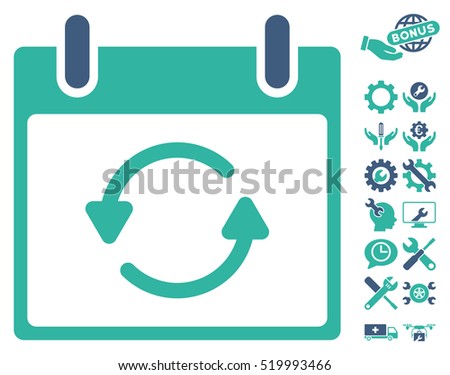 Refresh Calendar Day pictograph with bonus tools symbols. Vector illustration style is flat iconic symbols, cobalt and cyan, white background.