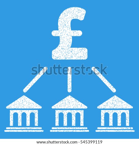 Pound Bank Organization grainy textured icon for overlay watermark stamps. Flat symbol with unclean texture. Dotted vector white ink rubber seal stamp with grunge design on a blue background.