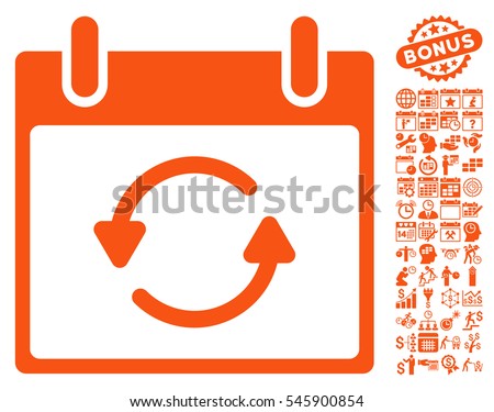 Refresh Calendar Day icon with bonus calendar and time management icon set. Vector illustration style is flat iconic symbols, orange, white background.