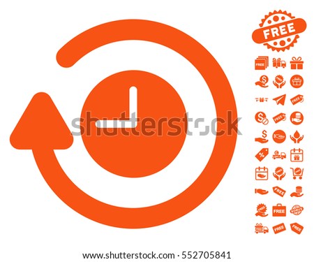 Repeat Clock pictograph with free bonus symbols. Vector illustration style is flat iconic symbols, orange color, white background.