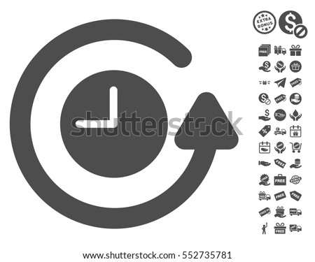 Restore Clock icon with free bonus design elements. Vector illustration style is flat iconic symbols, gray color, white background.