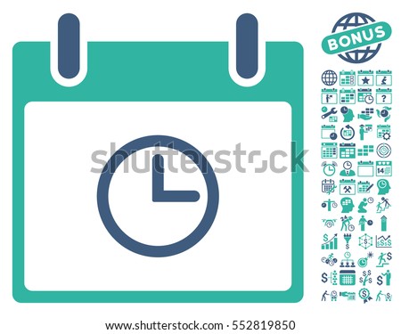 Time Calendar Day pictograph with bonus calendar and time management clip art. Vector illustration style is flat iconic symbols, cobalt and cyan, white background.