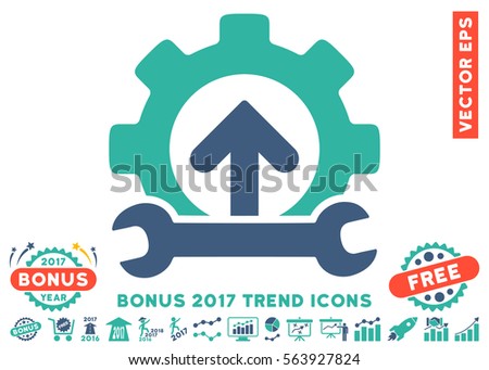 Cobalt And Cyan Gear Integration Tools pictograph with bonus 2017 year trend elements. Vector illustration style is flat iconic bicolor symbols, white background.