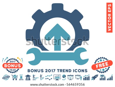 Cyan And Blue Gear Integration Tools pictograph with bonus 2017 year trend clip art. Vector illustration style is flat iconic bicolor symbols, white background.