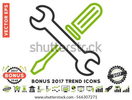 Eco Green And Gray Tuning Tools pictogram with bonus 2017 trend pictograms. Vector illustration style is flat iconic bicolor symbols, white background.