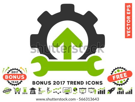 Eco Green And Gray Gear Integration Tools pictogram with bonus 2017 trend images. Vector illustration style is flat iconic bicolor symbols, white background.