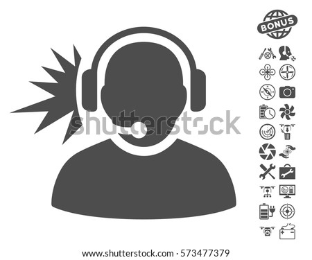 Operator Headphones Signal pictograph with bonus flying drone service symbols. Vector illustration style is flat iconic gray symbols on white background.