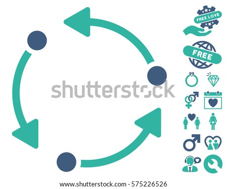 Rotate icon with bonus dating symbols. Vector illustration style is flat rounded iconic cobalt and cyan symbols on white background.