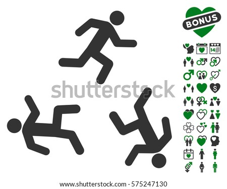 Running Men icon with bonus valentine pictograph collection. Vector illustration style is flat rounded iconic green and gray symbols on white background.