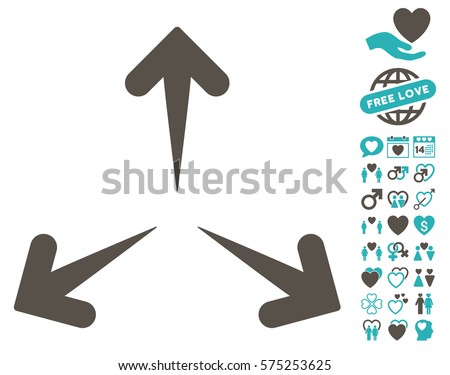 Expand Arrows icon with bonus valentine graphic icons. Vector illustration style is flat rounded iconic grey and cyan symbols on white background.