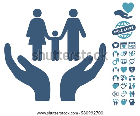 Family Care Hands icon with bonus dating pictograms. Vector illustration style is flat iconic cyan and blue symbols on white background.