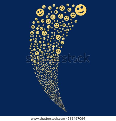 Smile random fireworks stream. Vector illustration style is flat yellow iconic symbols on a blue background. Object fountain combined from scattered symbols.