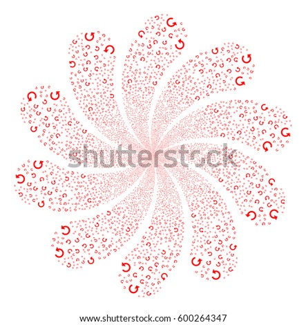 Rotate fireworks swirl flower with ten petals. Vector illustration style is flat red scattered symbols. Object whirlpool organized from random icons.