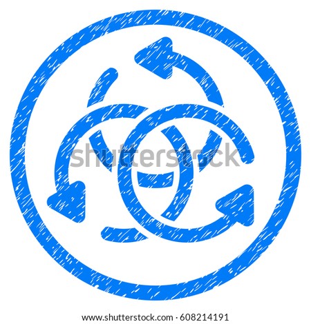 Knot Rotation grainy textured icon inside circle for overlay watermark stamps. Flat symbol with dust texture. Circled dotted vector blue ink rubber seal stamp with grunge design on a white background.