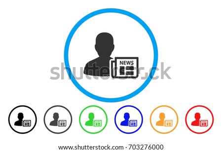 Newsmaker Newspaper vector rounded icon. Image style is a flat gray icon symbol inside a blue circle. Additional color variants are gray, black, blue, green, red, orange.