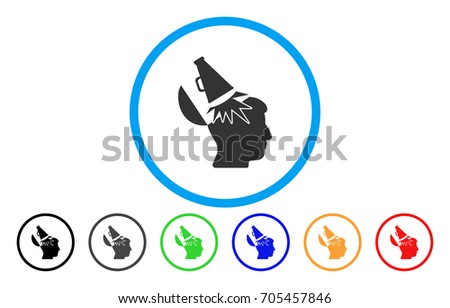 Open Mind Megaphone vector rounded icon. Image style is a flat gray icon symbol inside a blue circle. Bonus color variants are grey, black, blue, green, red, orange.