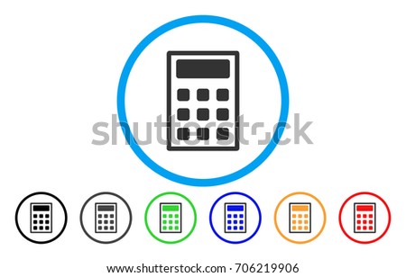 Calculator vector rounded icon. Image style is a flat gray icon symbol inside a blue circle. Bonus color variants are grey, black, blue, green, red, orange.