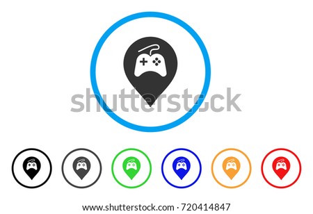 Video Games Marker rounded icon. Style is a flat video games marker grey symbol inside light blue circle with black, gray, green, blue, red, orange variants.