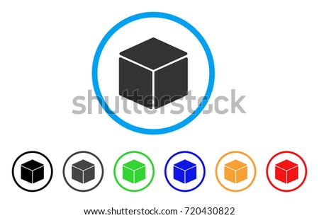 Cube rounded icon. Style is a flat cube grey symbol inside light blue circle with black, gray, green, blue, red, orange variants. Vector designed for web and software interfaces.