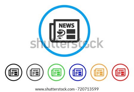 Medical Newspaper rounded icon. Style is a flat medical newspaper gray symbol inside light blue circle with black, gray, green, blue, red, orange variants.