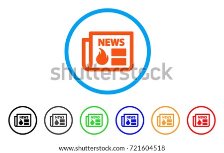 Hot News rounded icon. Style is a flat hot news orange symbol inside light blue circle with black, gray, green, blue, red, orange variants. Vector designed for web and software interfaces.