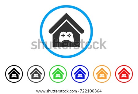 Game Center Building rounded icon. Style is a flat game center building gray symbol inside light blue circle with black, gray, green, blue, red, orange variants.